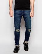 Asos Skinny Jeans In Tinted Dark Wash With Rips - Dark Blue