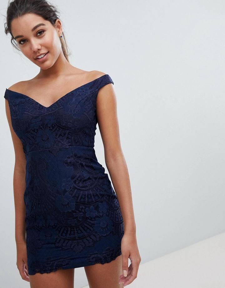 Love Triangle Bardot Sweetheart Mini Lace Dress-navy