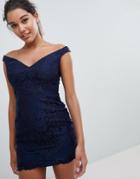 Love Triangle Bardot Sweetheart Mini Lace Dress-navy