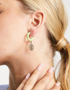Topshop Enamel And Pave Icon Coin Drop Hoop Earrings In Lime-green