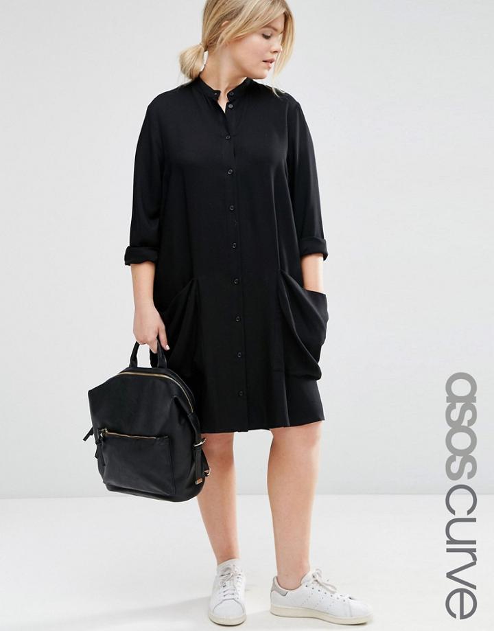 Asos Curve Shirt Dress With Drape Pockets - Black