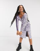 Asos Design Long Sleeve Wrap Belted Midi Dress In Spot Velvet-multi
