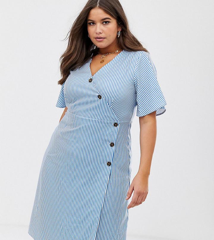 Unique21 Hero Poplin Stripe Contrast Button Wrap Dress-blue