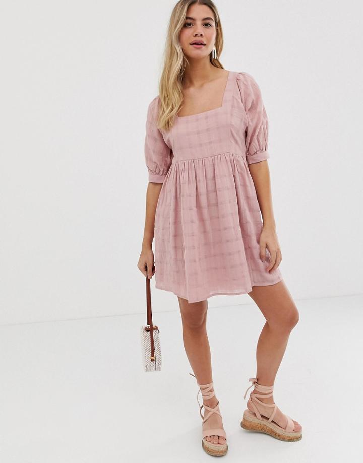 Asos Design Mini Smock Dress In Textured Check - Pink