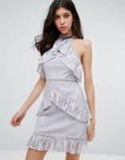 True Decadence Sleeveless Lace Ruffle Detail Mini Dress - Gray