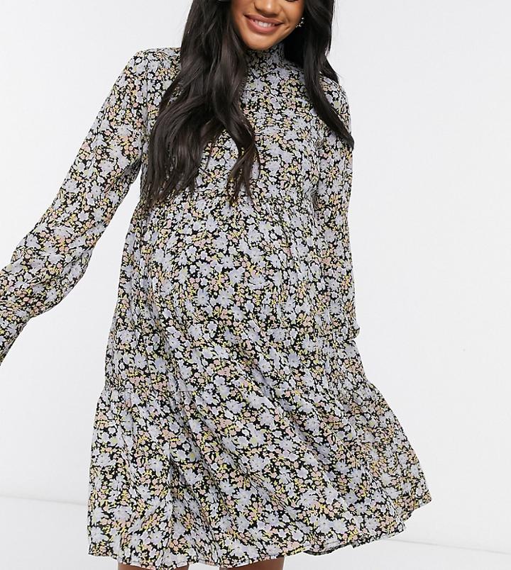 Pieces Maternity High Neck Smock Dress In Ditsy Floral-multi
