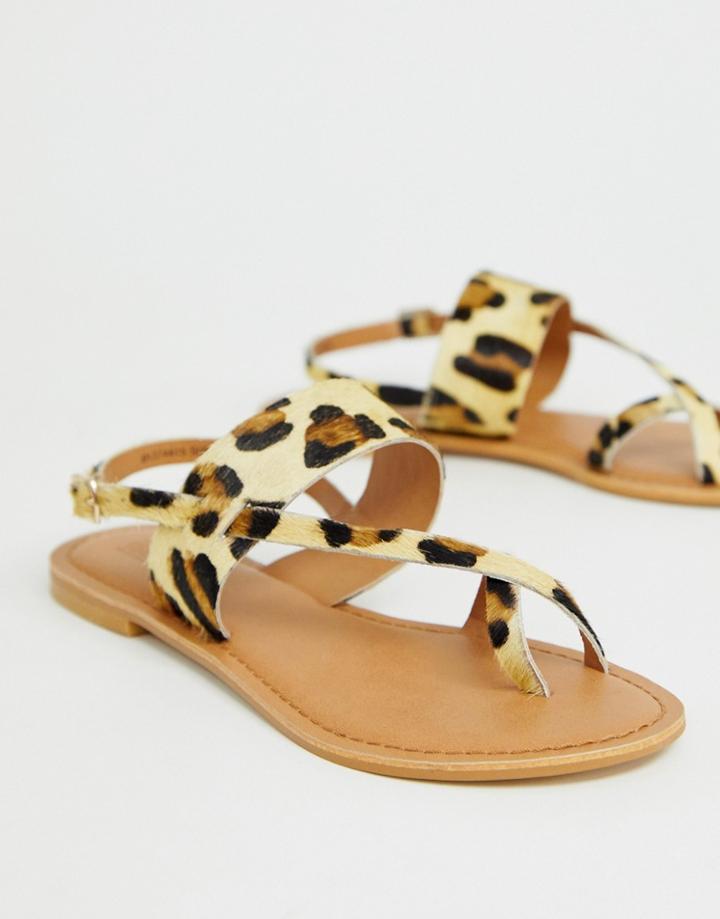 Asos Design Flisse Leather Flat Sandals In Leopard - Multi