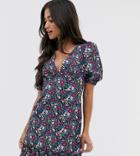 Fashion Union Petite Tea Dres With Puff Sleeves And Frill Hem In Vintage Floral - Multi