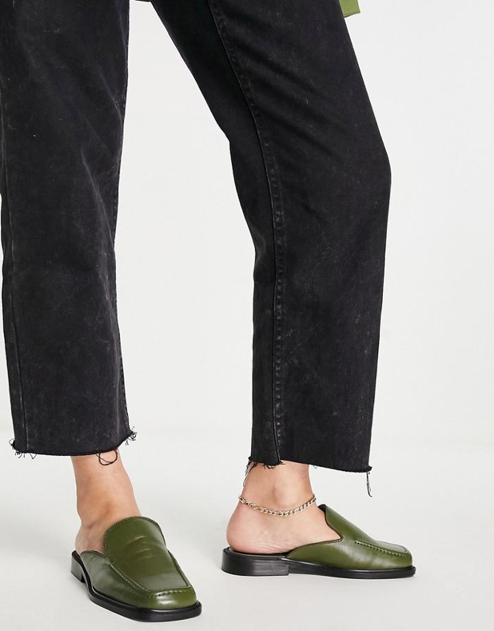 Asos Design Mascot Leather Loafer Flat Mules In Olive Green
