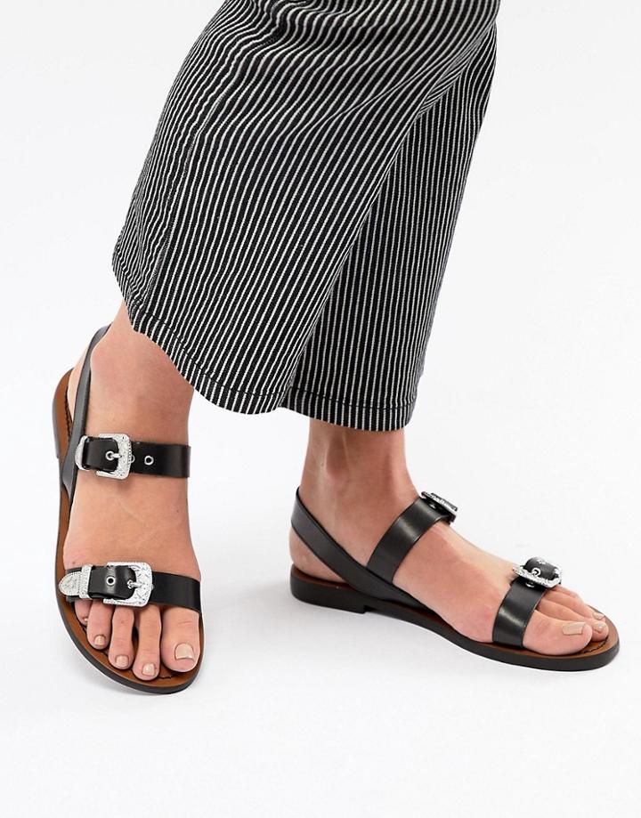 Pull & Bear Western Buckle Sandal In Black - Black