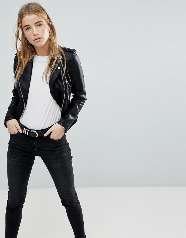Miss Selfridge Faux Leather Biker Jacket In Black - Multi