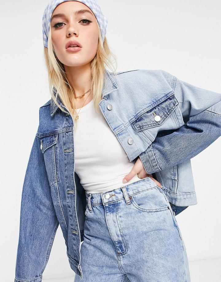 Monki Bonnie Organic Cotton Denim Jacket In Color Block Blue - Part Of A Set-blues