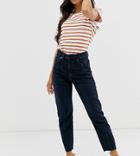 Asos Design Petite Recycled Farleigh High Waisted Slim Mom Jeans In Dark Wash Blue With Front Seam Detail