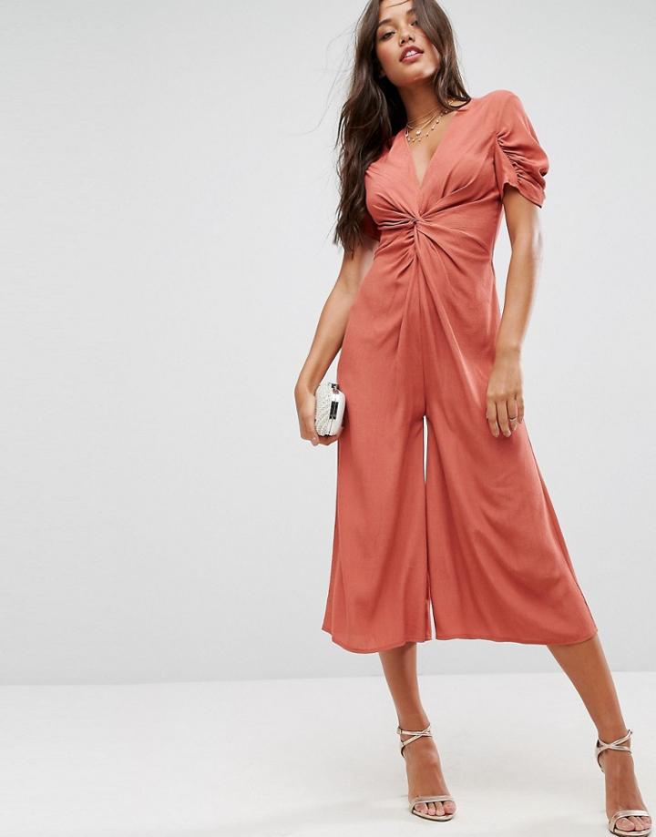 Asos Tea Jumpsuit With Knot Front - Orange