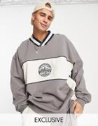 Reclaimed Vintage Inspired V Neck Sweatshirt With Mountain Logo Embroidery In Color Block - Part Of A Set-gray