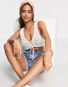 Stradivarius Crochet Micro Vest In Ecru-white