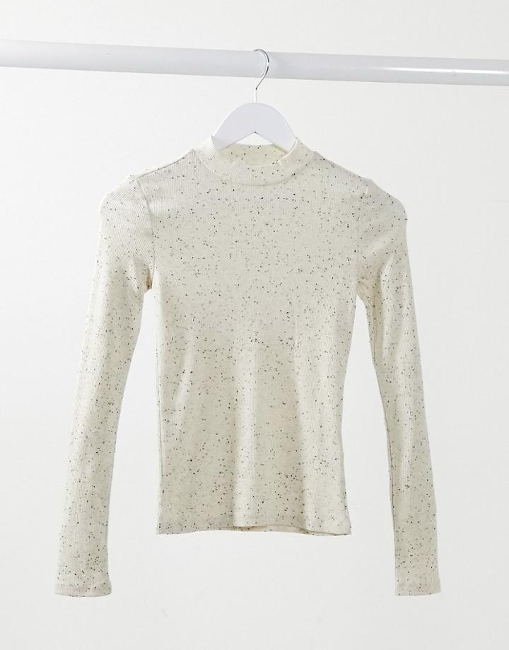 Monki Samina Ribbed Long Sleeve Top In Cream-white