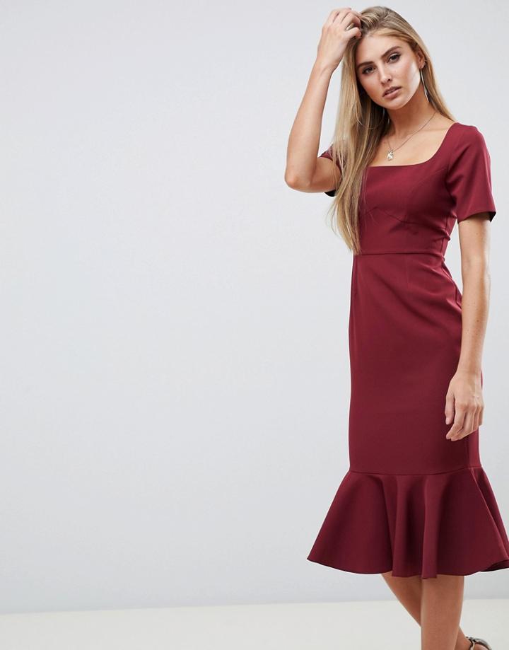 Asos Design Short Sleeve Midi Pencil Dress With Pep Hem - Red
