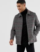 Asos Design Wool Mix Zip Through Jacket In Gray And Orange Check - Gray