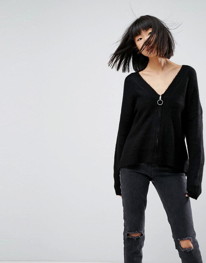 Asos Oversized Cardigan With Zip Front - Black
