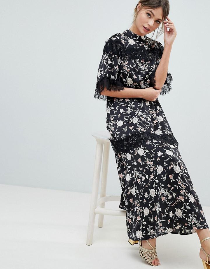 Liquorish Floral Maxi Dress With Lace Trim And Open Back - Multi