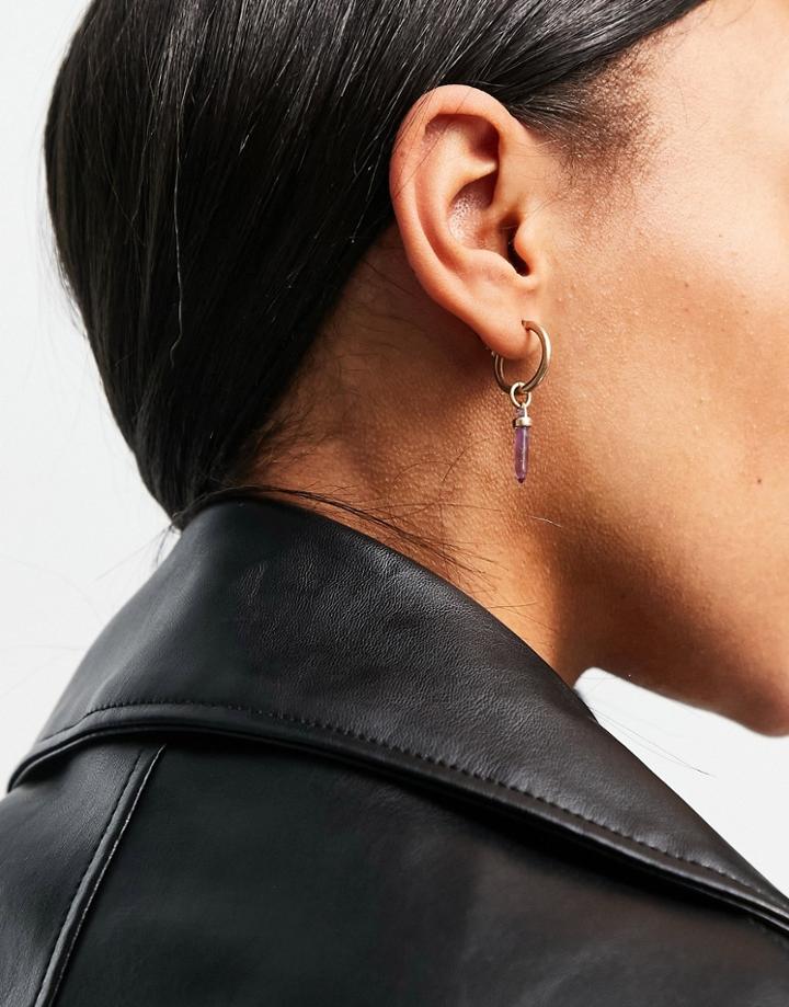 Allsaints Amethyst Stone Charm Hoop Earrings In Gold