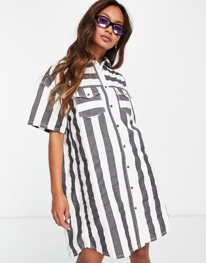 Dr Denim Valdis Stripe Denim Shirt Dress In Black And White-multi
