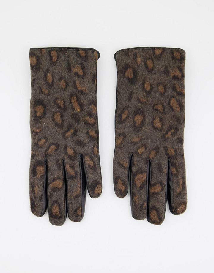 Barney's Originals Leopard Print & Real Leather Gloves In Gray