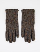 Barney's Originals Leopard Print & Real Leather Gloves In Gray