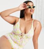 Asos Design Curve Lace Up Swimsuit In Ditsy Floral Print-multi
