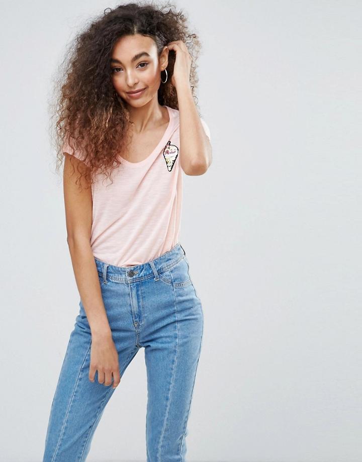 Brave Soul T Shirt With Ice Cream Sequin Badge - Pink