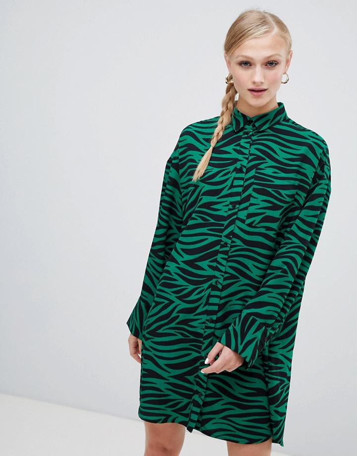 Monki Tiger Print Shirt Dress In Black And Green-multi