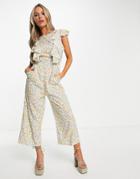 Ax Paris Chiffon Ruffle Front Jumpsuit In Yellow Animal-multi