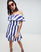 Asos Design Off Shoulder Sundress With Tiered Skirt In Deckchair Stripe - Multi