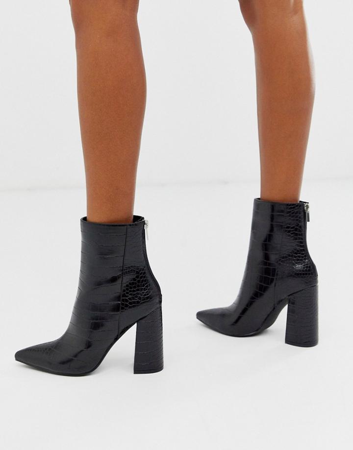 London Rebel Pointed Block Heeled Boot In Black Croc