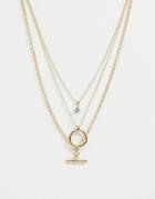 Asos Design Multirow Necklace With Minimal Open Circle And Toggle Pendants In Gold - Gold