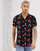 Urban Threads Revere Collar Shirt In Cherry Print - Black