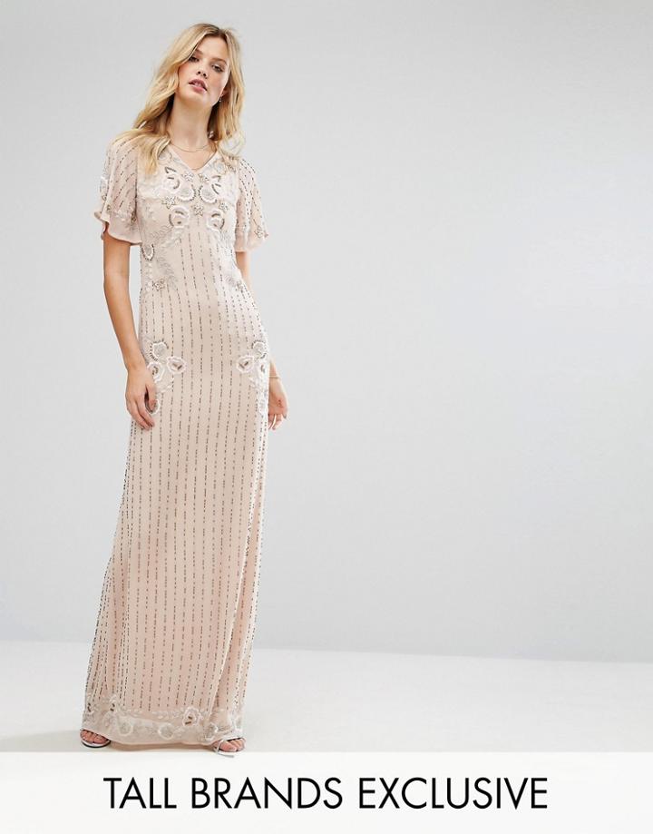 Frock And Frill Tall Premium Embellished Maxi Dress With Fluted Sleeve Detail - Pink