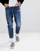 Asos Twisted Seam Tapered Jeans In Dark Wash Vintage With Rips-blue