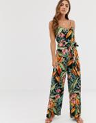 Warehouse Cami Jumpsuit With Belt In Tropical Print - Black