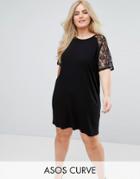 Asos Curve T-shirt Dress With Lace Raglan Sleeve - Black