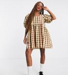 Collusion Oversized Gingham Mini Smock Sundress In Green And Brown-multi