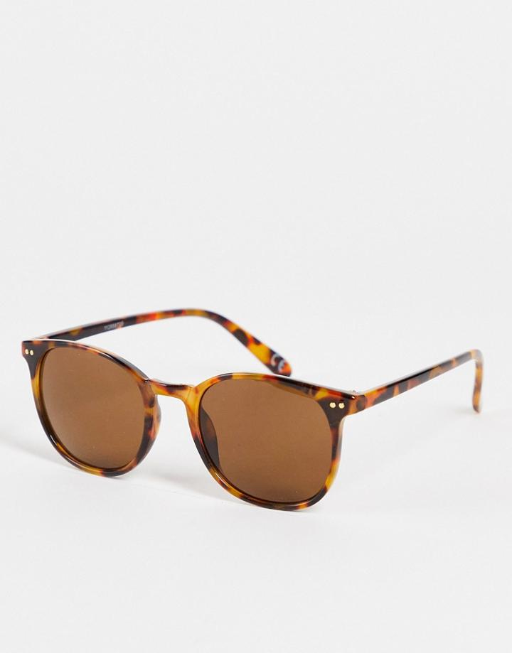 Asos Design Recycled Frame Fine Frame Round Sunglasses In Dark Crystal Tort-brown
