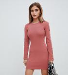 Missguided Petite Ribbed Popper Sleeve Mini Dress In Pink - Beige