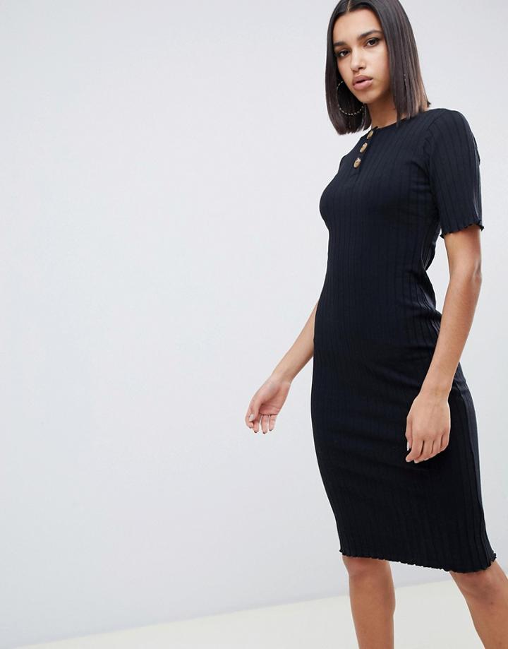 Asos Design Midi Rib Bodycon Dress With Faux Horn Buttons-black