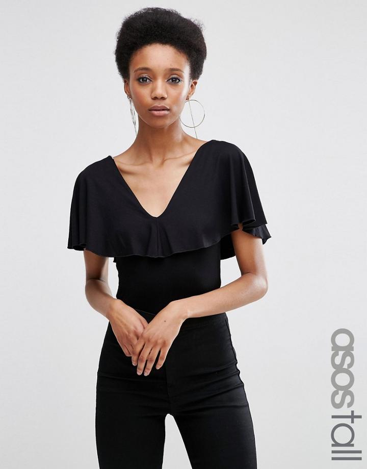 Asos Tall Plunge Neck Ruffle Top - Black