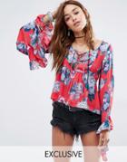 Reclaimed Vintage Bell Sleeve Top In Oversized Floral Print - Red