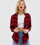Asos Design Petite Long Sleeve Boyfriend Shirt In Red And Black Check-multi
