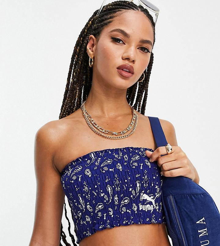 Puma Off Beat Paisley Print Shirred Bandeau In Blue-blues