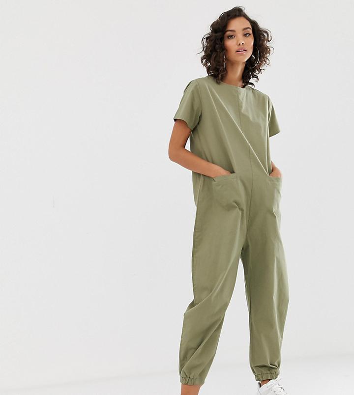 Na-kd Harem Style Short Sleeve Jumpsuit In Khaki-green